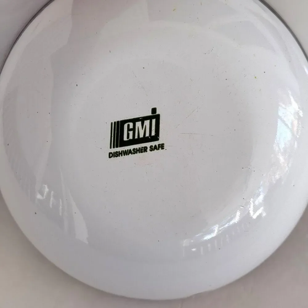 Vtg GMI Enamel Nesting Bowls Floral Iris Metal Mixing Floral White Set of 3